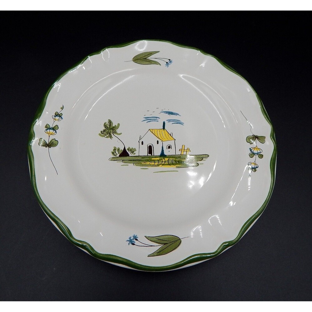Varages France Cabanon Salad Plate Hand Painted Green Border 8.25 In Cabin Shed